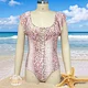 swimwear,frill,crossover,one piece swimsuit,square neck
